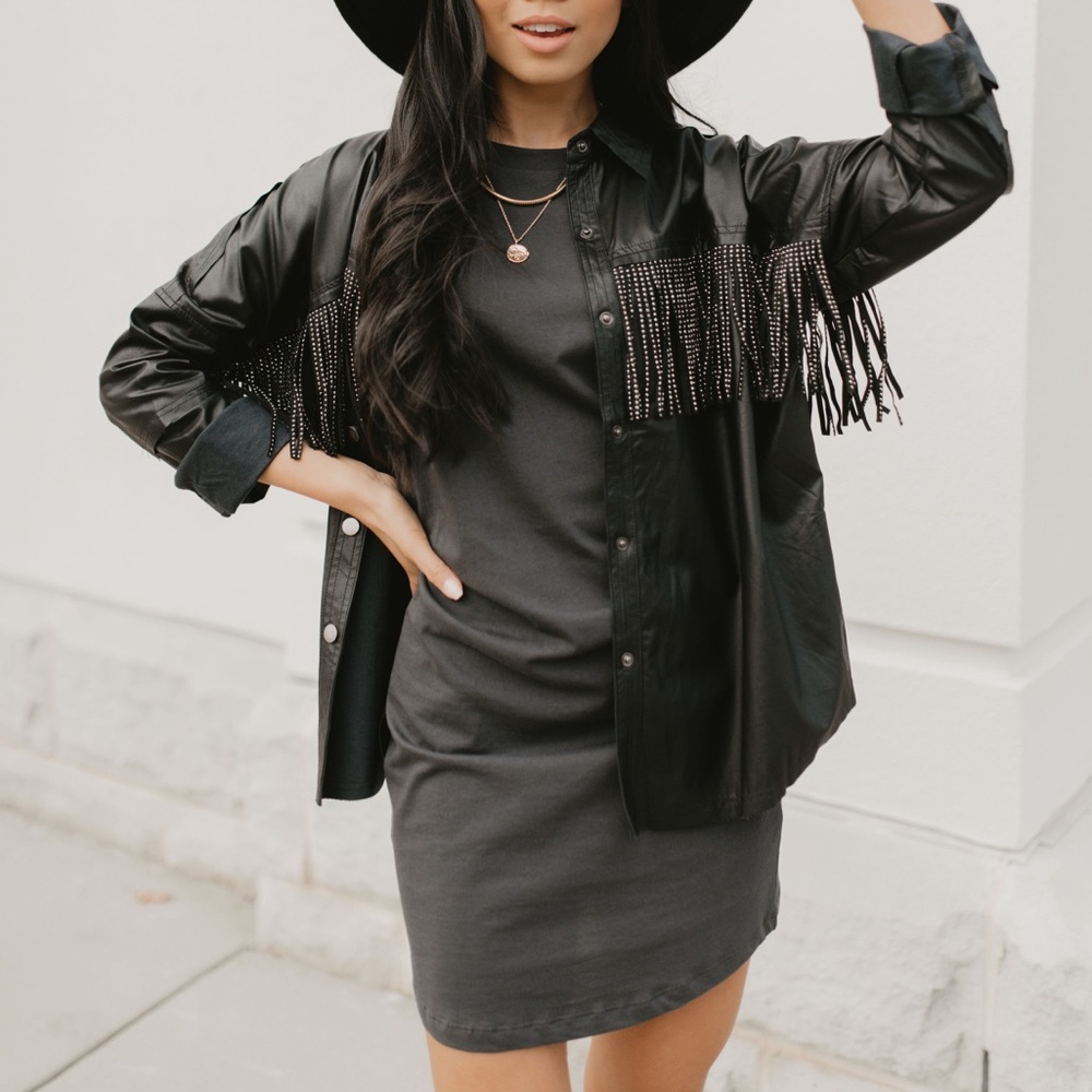 Faux leather fringe shacket